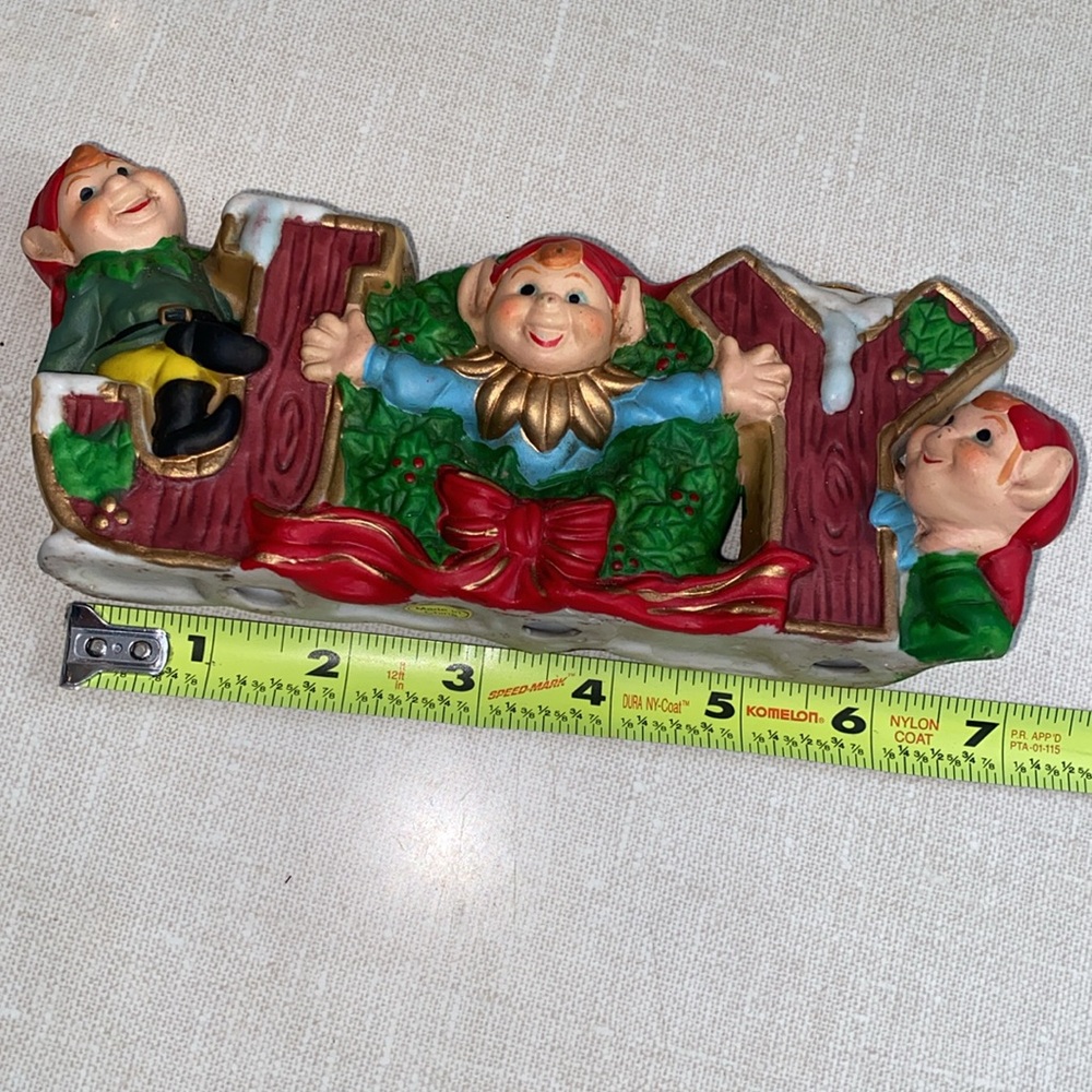 Robel Hall JOY Pixie Elf Trio Christmas Candle Holder Hand Painted 7" Vintage - Picture 2 of 11